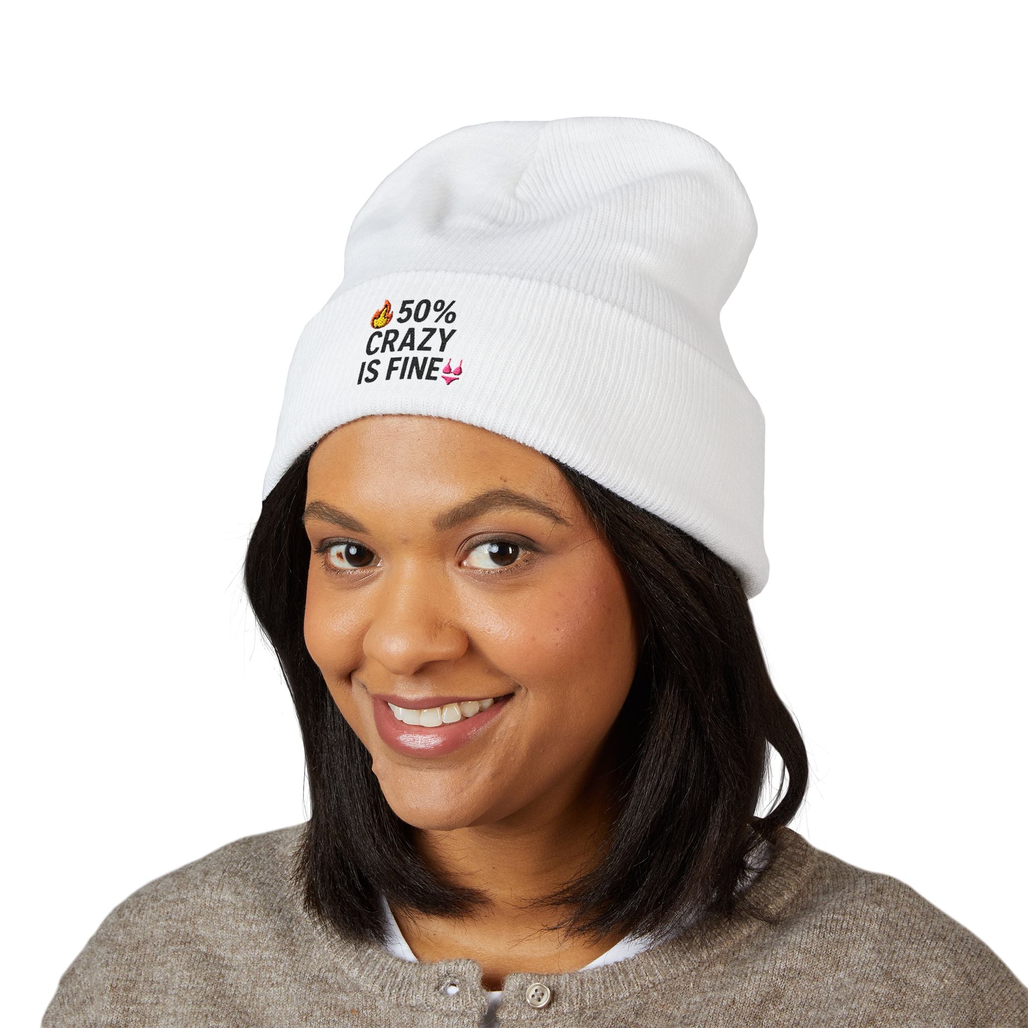 Embroidered '50% Crazy Is Fine' Cuffed Beanie